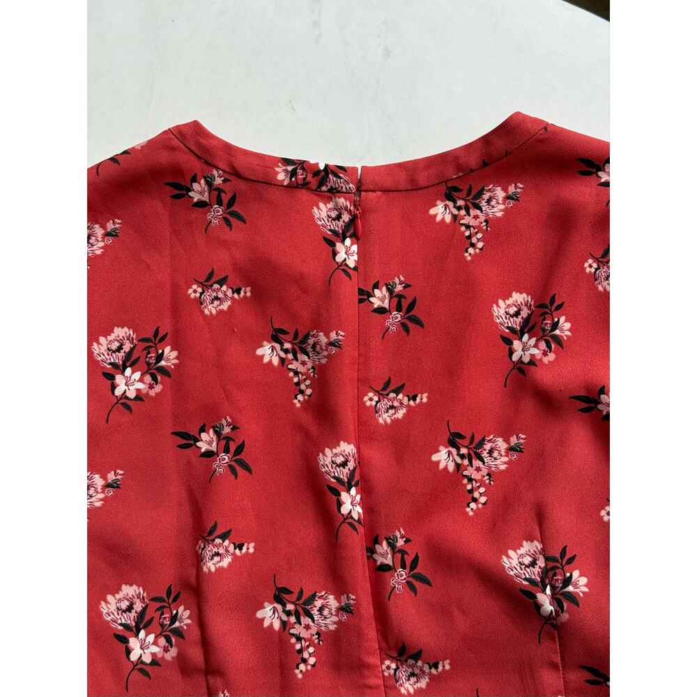 LOFT Womens 10P Petite Red Floral Fit Flare Dress Long Sleeve Career Casual - Picture 6 of 9